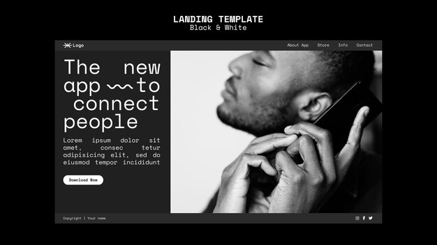 Black and white landing page template with photo