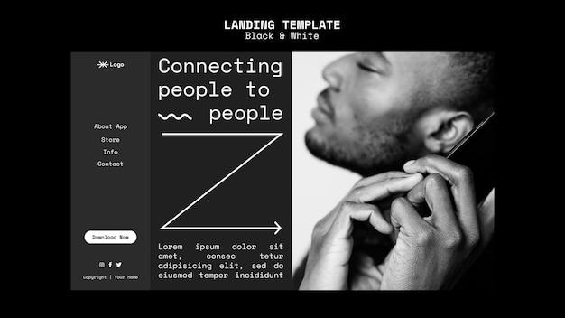 Free PSD black and white landing page template with photo