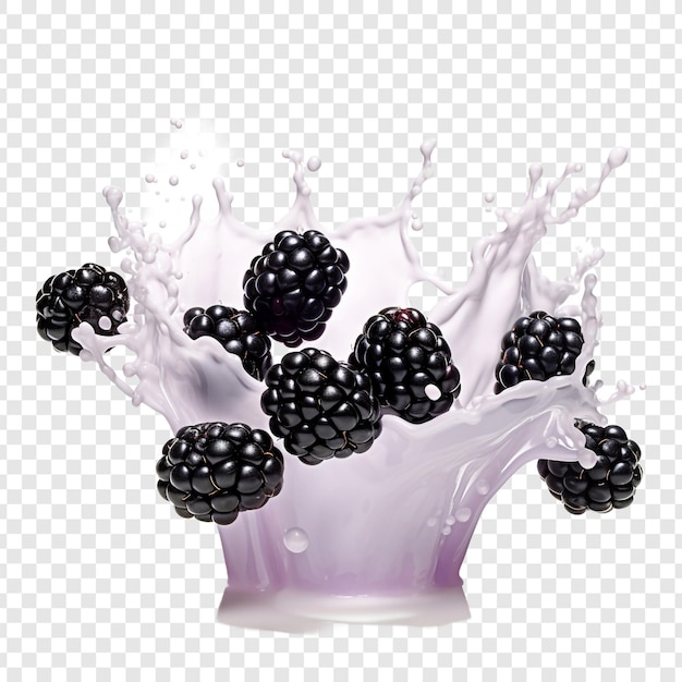 Free PSD blackberries milk splash floating isolated on transparent background