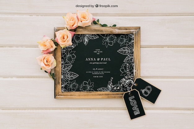 Blackboard mock up with flowers and labels