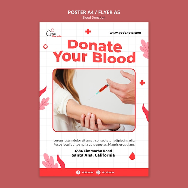 Free PSD blood donation poster or flyer design template