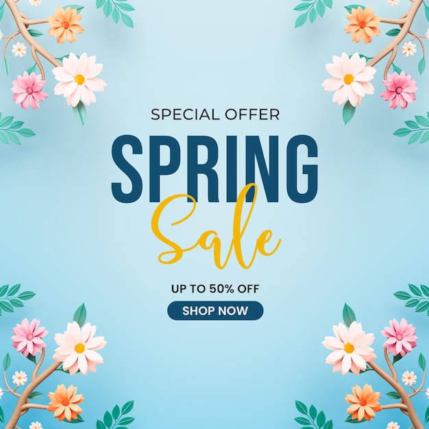 Blooming flowers spring sale 3d post design template