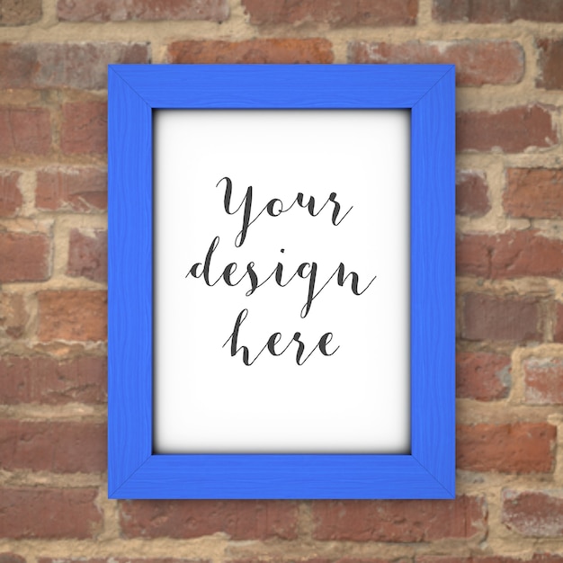 Blue frame mockup on bricks wall