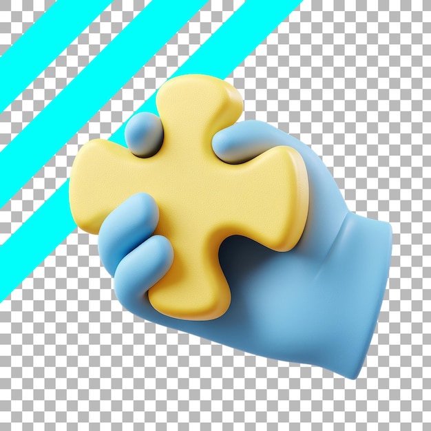 Free PSD blue gloved hand holding yellow puzzle piece with diagonal stripes