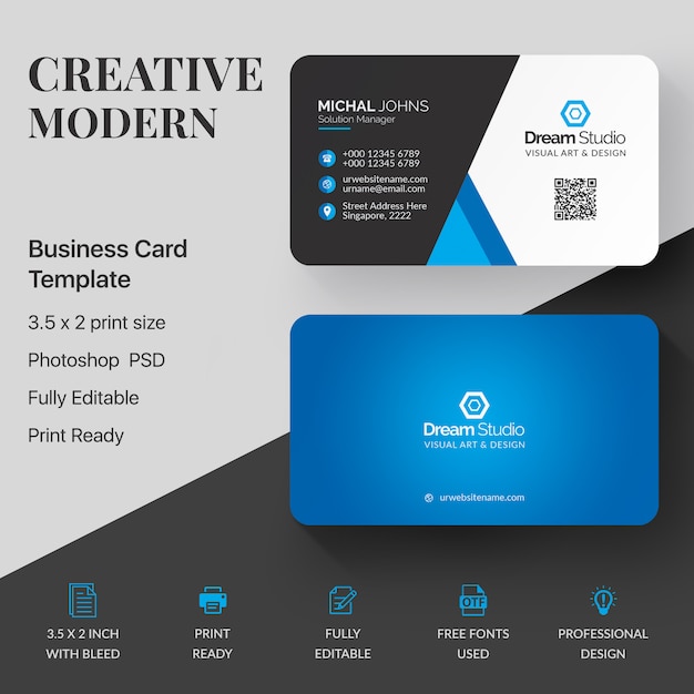 Blue and white business card