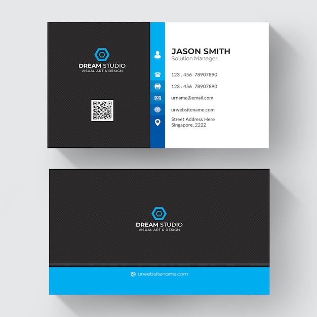 Blue and white business card