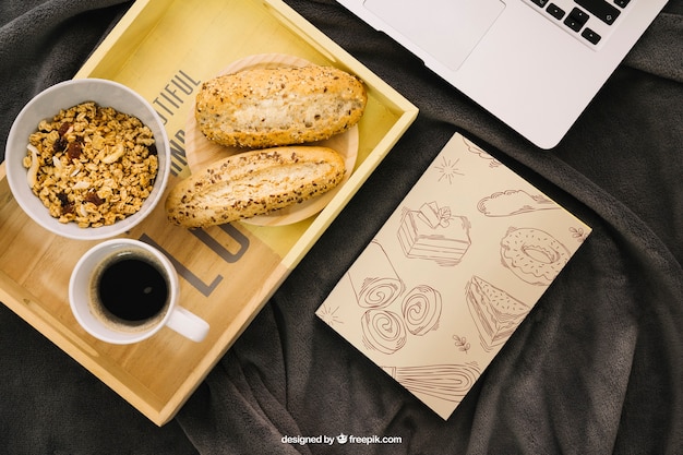 Book cover composition with breakfast on board