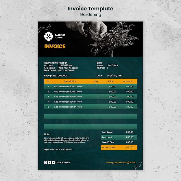 Free PSD botanical gardening hobby invoice template