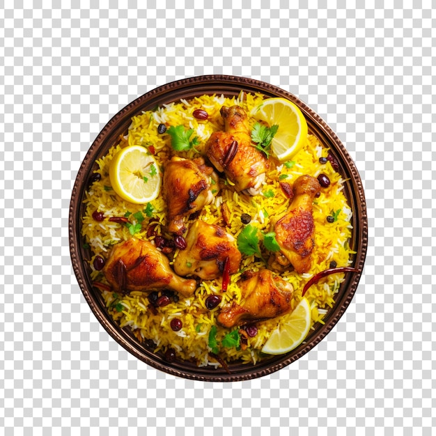 A bowl of biryani with chicken pieces on a transparent background