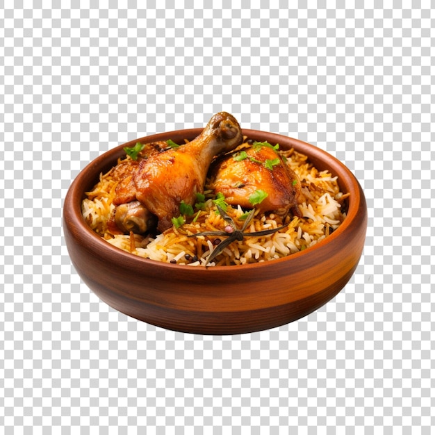 A bowl of biryani with chicken pieces on a transparent background