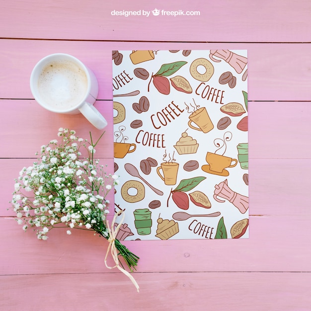 Breakfast mockup with coffee and flowers