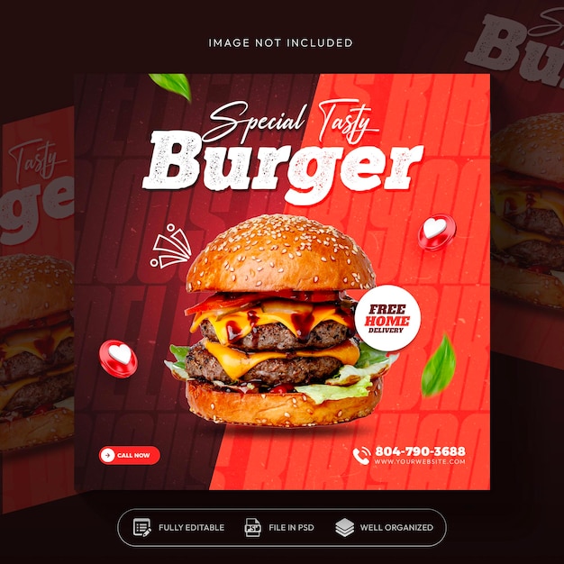 Free PSD burger food social media promotion and instagram banner post template design