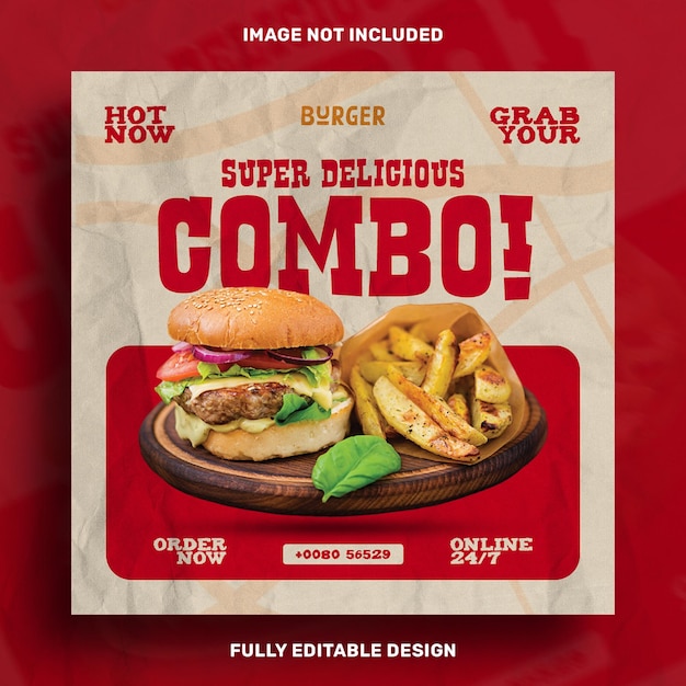 Free PSD burger restaurant combo offer social media promotion post design template