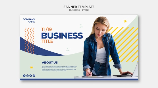 Business event banner concept with woman working