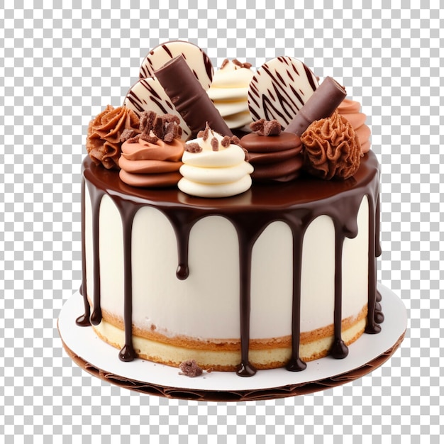 cake poured with chocolate and decorated with different cookies on a transparent background