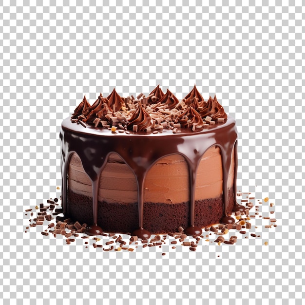 Free PSD cake poured with chocolate and decorated with different cookies on a transparent background