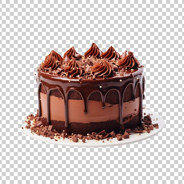 cake poured with chocolate and decorated with different cookies on a transparent background