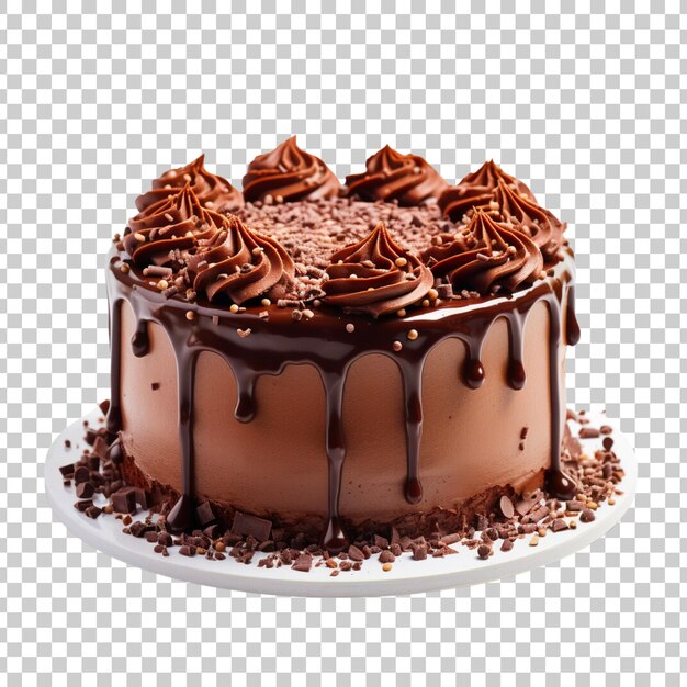 cake poured with chocolate and decorated with different cookies on a transparent background