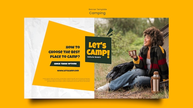 Free PSD camping horizontal banner template with wrinkled paper effect