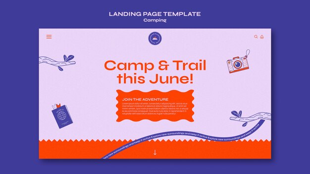 Camping landing page template with branches and leaves