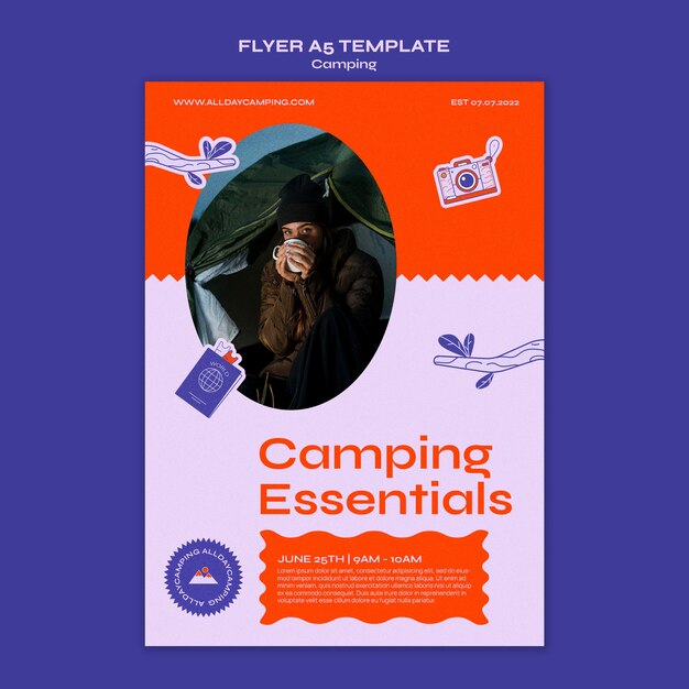 Camping vertical flyer template with branches and leaves