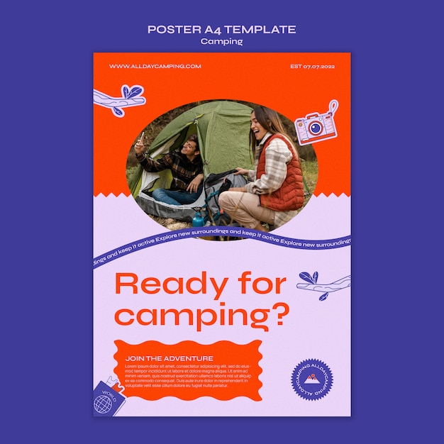 Free PSD camping vertical poster template with branches and leaves