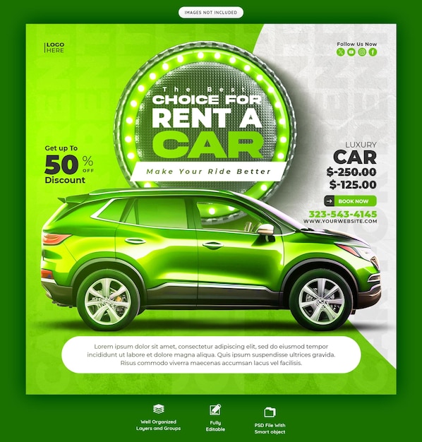 Car rental and automotive social media banner or instagram post template