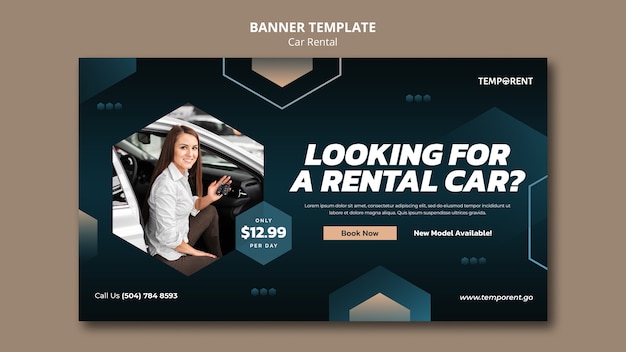 Car rental horizontal banner template with hexagonal shapes