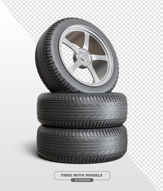 Free PSD car tires with metal wheel in 3d render with transparent background