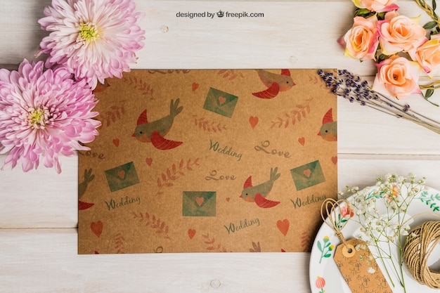 Free PSD cardboard wedding set with tags on plate