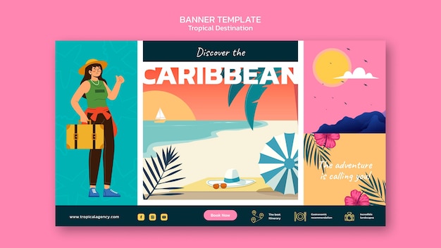 Caribbean travel destination horizontal banner template