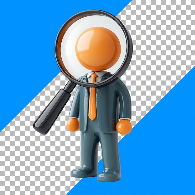 Free PSD cartoon figure in suit under magnifying glass abstract background