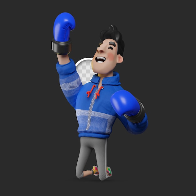 Free PSD celebrating while wearing boxing gloves. 3d illustration