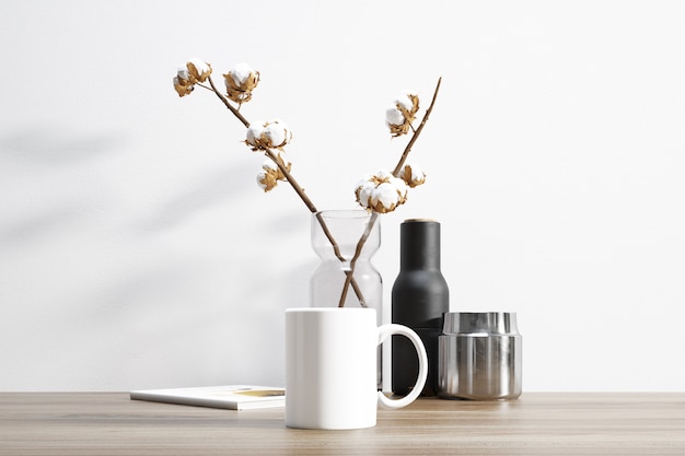 Free PSD ceramic mug and cotton plant inside flowerpot