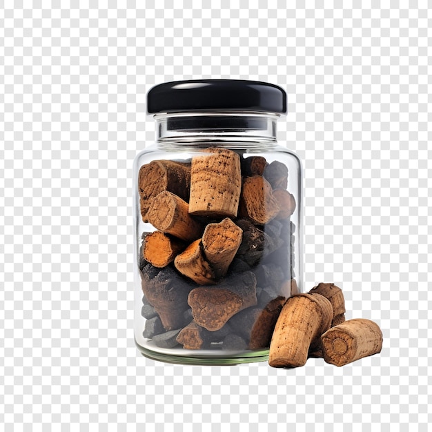 Free PSD chaga mushroom mixed with pills in a jar medicine isolated on transparent background