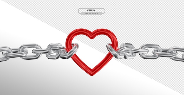 Chain in 3d realistic render with heart on transparent background