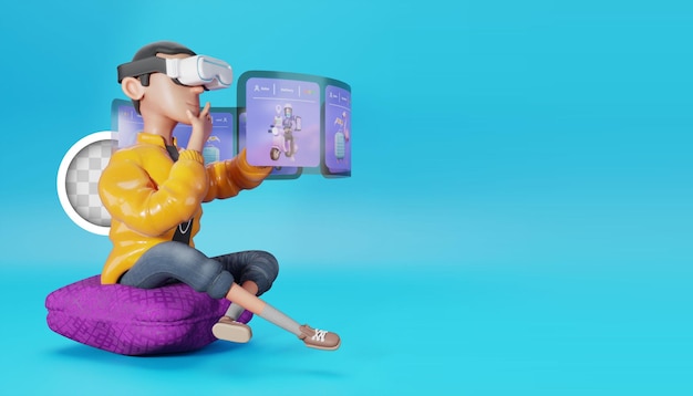 Character choosing options from his virtual reality glasses 3d illustration