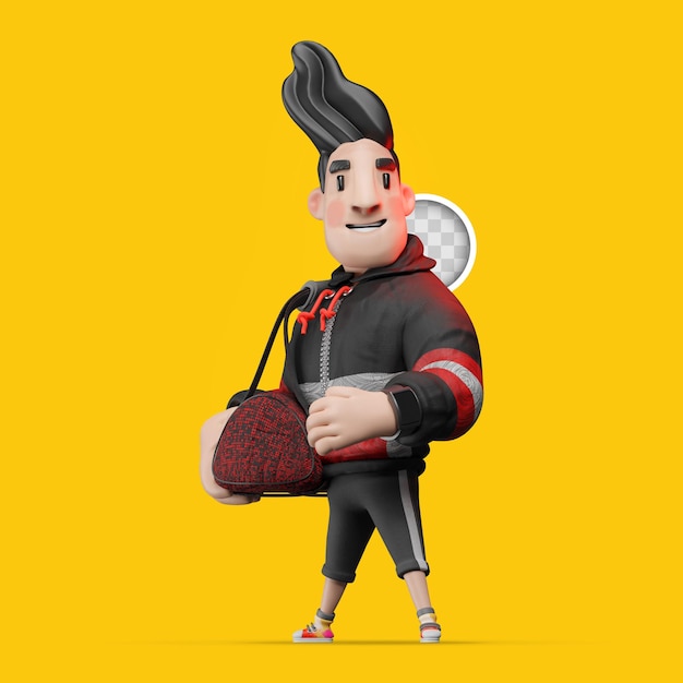 Character holding gym bag. 3d illustration