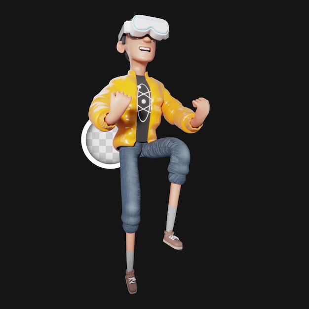 Free PSD character jumping with virtual reality glasses 3d illustration