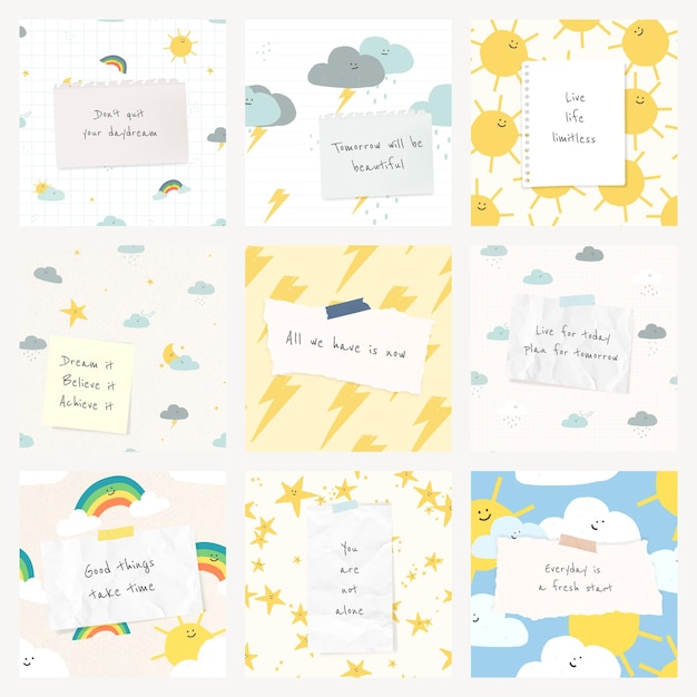 Free PSD cheerful quote template psd quote with cute weather drawings social media post set