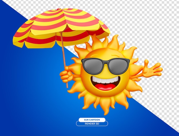 Free PSD cheerful sun with sunglasses holding parasol in 3d render cartoon with transparent background