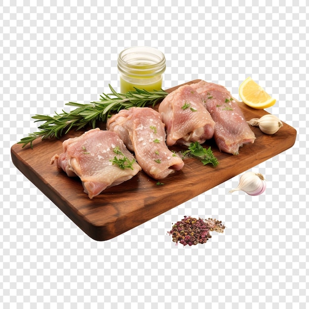 Chicken wings herbs garlic and cleaver on wooden board isolated on transparent background