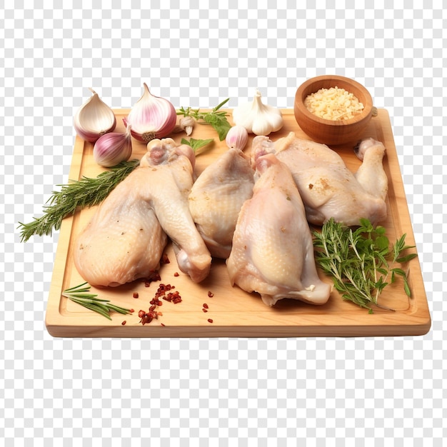 Free PSD chicken wings herbs garlic and cleaver on wooden board isolated on transparent background