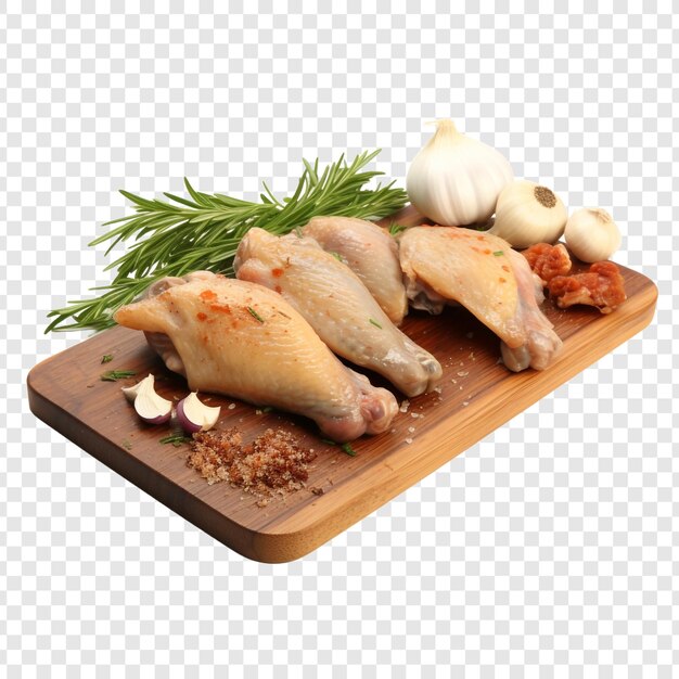 Free PSD chicken wings herbs garlic and cleaver on wooden board isolated on transparent background