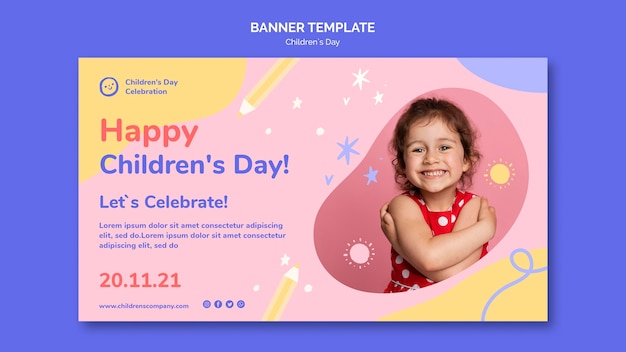 Children's day horizontal banner template with colorful details