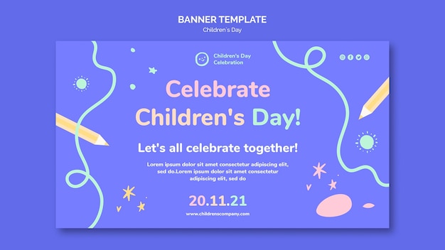 Free PSD children's day horizontal banner template with colorful details