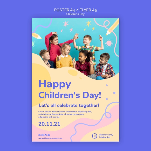 Free PSD children's day vertical print template with colorful details