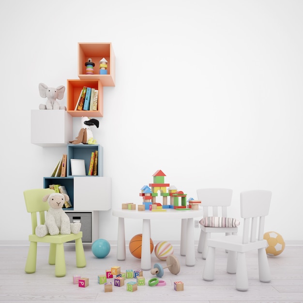 Free PSD children's play room with storage drawers, table and many toys