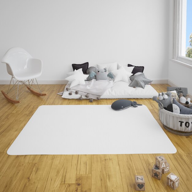 children's room with sofa and carpet on wooden floor