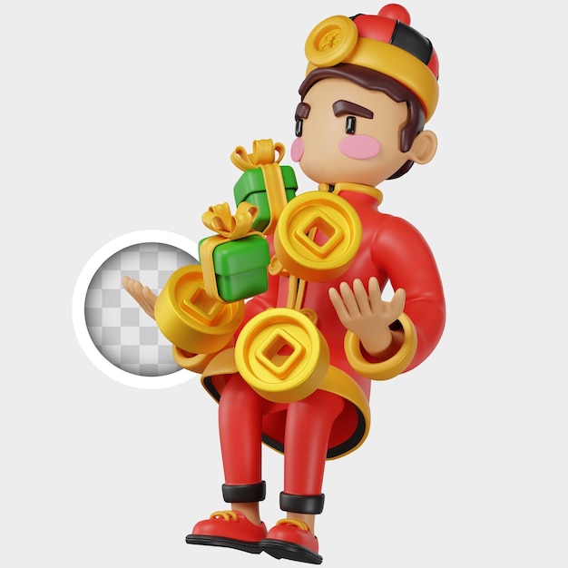 Free PSD chinese character with gifts and coins 3d illustration